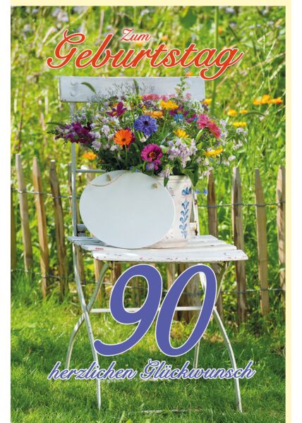 Geburtstagskarte Zahlengeburtstag 90 Jahre Sommer auf dem Land Gartenstuhl, Blumemstrauß und Teller darauf