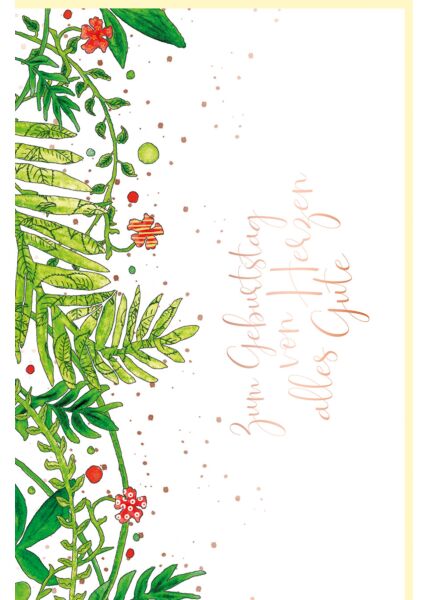 Geburtstagskarte Flora Blüten und Blätter, Naturkarton, mit rosègoldener Metallicfolie