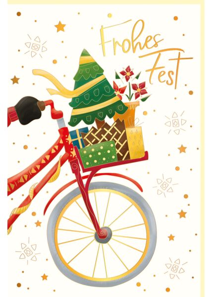 Weihnachtsgrußkarte Fahrrad mit Fahrradkorb und Geschenken