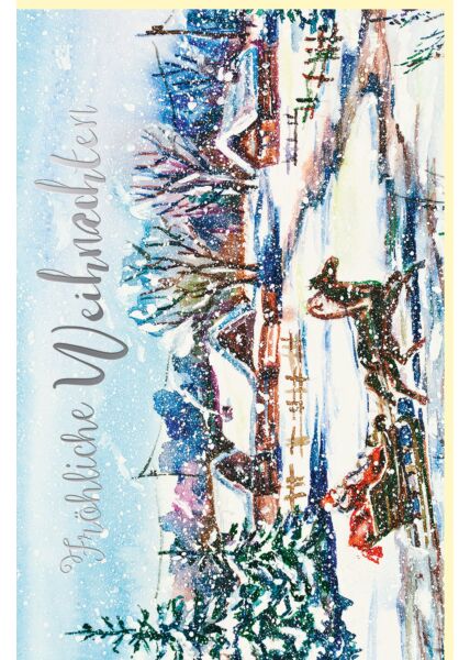 Weihnachtskarte retro Silberfolie Landschaft Schnee Häuser