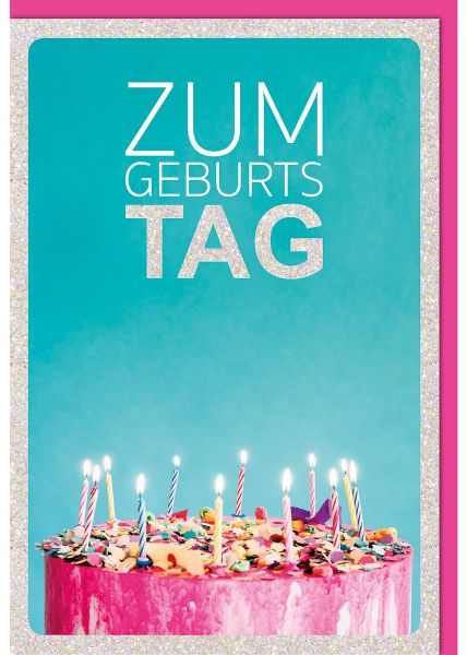 Geburtstagskarten geschäftlich - Glückwunschkarten Geburtstag mit Kerzen auf einem Kuchen und Glitzerlack