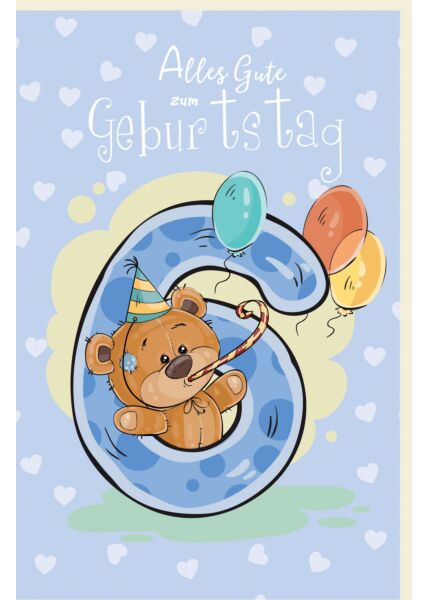 Geburtstagskarte für Kinder Teddybär mit Partyhut und Tröte, Luftballons