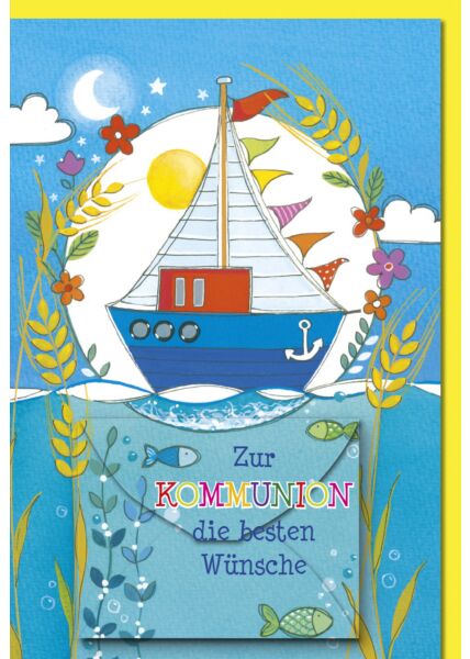 Glückwunschkarte Kommunion mit Geldkuvert blaues Schiff auf Wasser