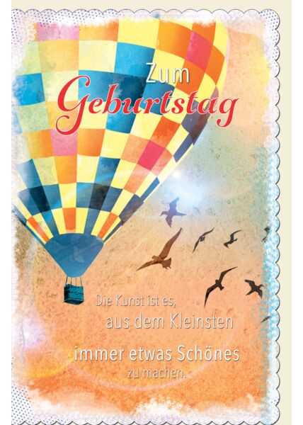 Glückwunschkarte Geburtstag Heißluftballon, Vögel, gestanzt, welliger Rand