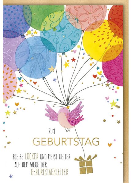 Glückwunschkarte Geburtstag Motiv Vogel mit bunten Luftballons