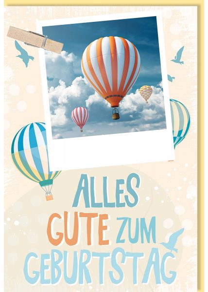 Glückwunschkarte Geburtstag Heißluftballons, Naturkarton, mit Stanzteil und Magnetklammer