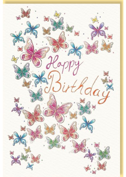 Geburtstagskarte mit schimmernden Schmetterlingen in Folien- und Blindprägung auf Naturkarton