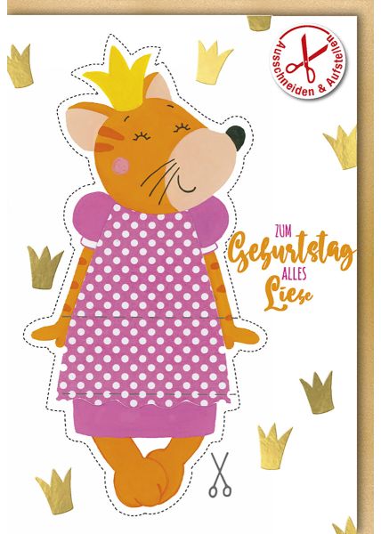 Geburtstagskarte für Kinder mit Maus als Prinzessin und goldener Folienprägung