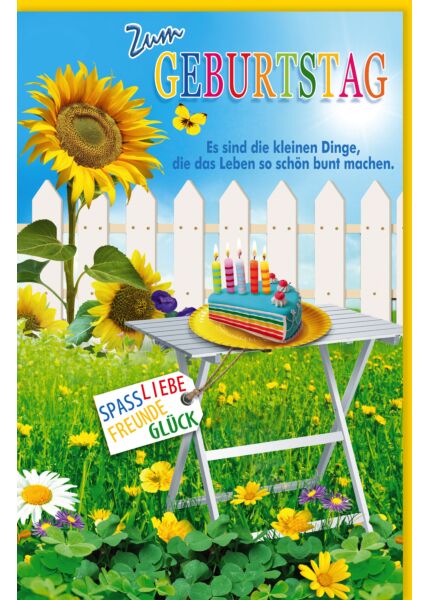 Glückwunschkarte Geburtstag Weißer Gartentisch, Zaun, Sonnenblume, Blumenwiese