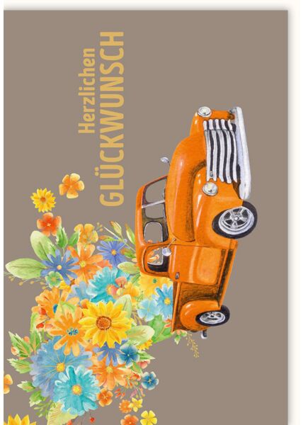 Glückwunschkarte Illustration Pickup mit Blumen Herzlichen Glückwunsch