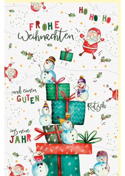 Weihnachtskarte Naturkarton Geschenke gestapelt Weihnachtsmänner und Schneemänner