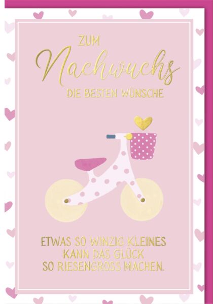 Glückwunschkarte Geburt Baby - Laufrad rosa