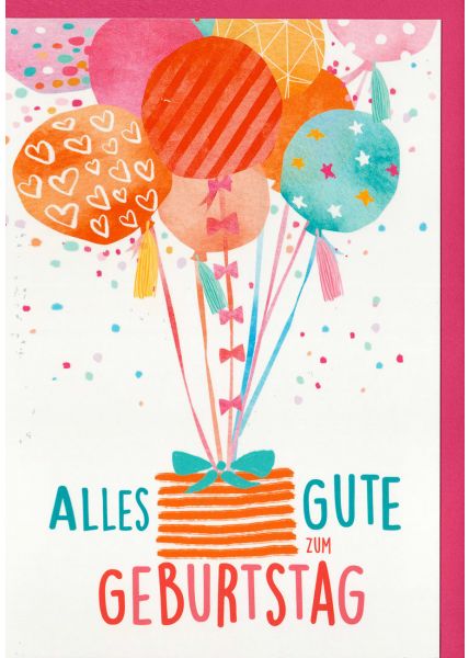 Geburtstagskarte Korb mit Schleife hängt an Luftballons