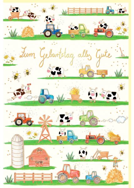 Glückwunschkarte Geburtstag Traktoren, Kühe, Naturkarton, mit Goldfolie und Blindprägung