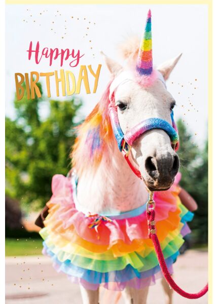Geburtstagskarte lustig Weißes Pferd in Regenbogenfarben geschmückt, mit Goldfolie