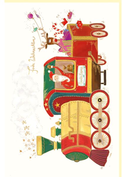 Weihnachtsgrußkarte Goldfolie und Blindprägung Lokomotive mit Weihnachtsmann