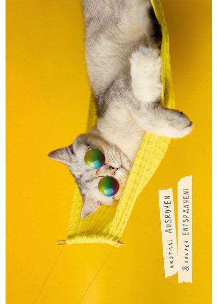 Postkarte Spruch Entspannen Katze mit Sonnenbrille auf Hängematte, Zuckerrohrpapier