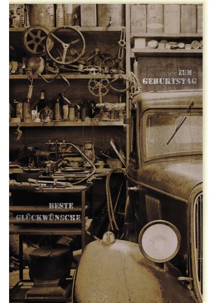 Geburtstagskarte für Männer Altes Auto und Werkzeug, mit Silberfolie