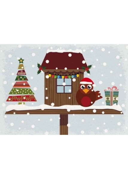 Weihnachtspostkarte Eule Vogelhaus Schnee