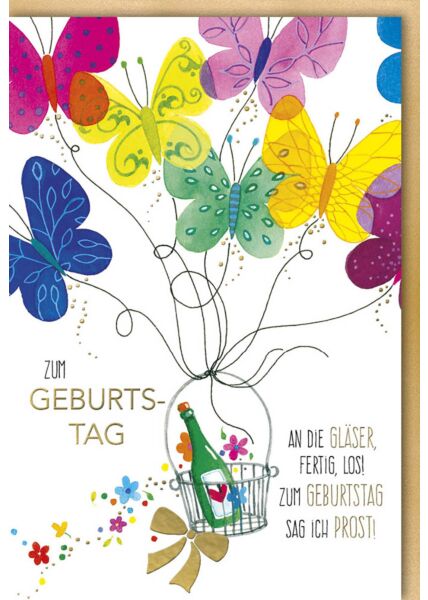Glückwunschkarte Geburtstag Sekt in Korb mit Schmetterlingen