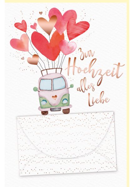 Glückwunschkarte Hochzeit Geldkarte Bus mit herzförmigen Luftballons am Gepäckträger, Naturkarton und Geldkuvert