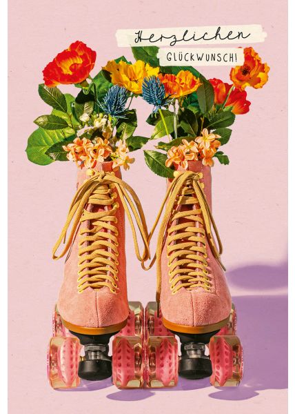 Postkarte Geburtstag Blumen in Rollschuhen, Zuckerrohrpapier