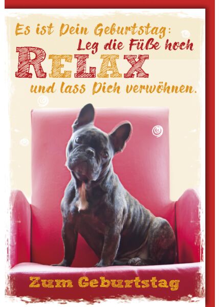 Geburtstagskarte lustig Bulldogge auf rotem Sessel