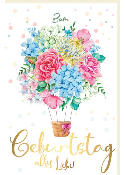 Glückwunschkarte Geburtstag Korb mit Schleife hängt an Blumen, mit Goldfolie