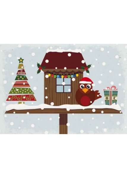 Weihnachtspostkarte Eule Vogelhaus Schnee