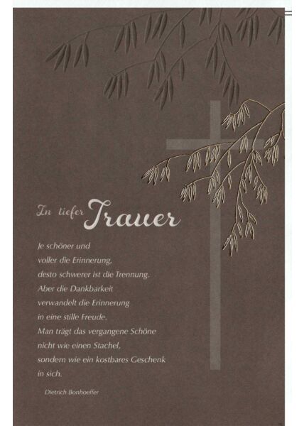 Trauerkarte Kreuz u. Zweig, Naturkarton, mit Goldfolie und Blindprägung