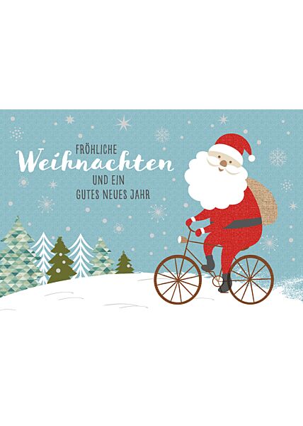 schöne Weihnachtskarte Weihnachtsmann auf Fahrrad