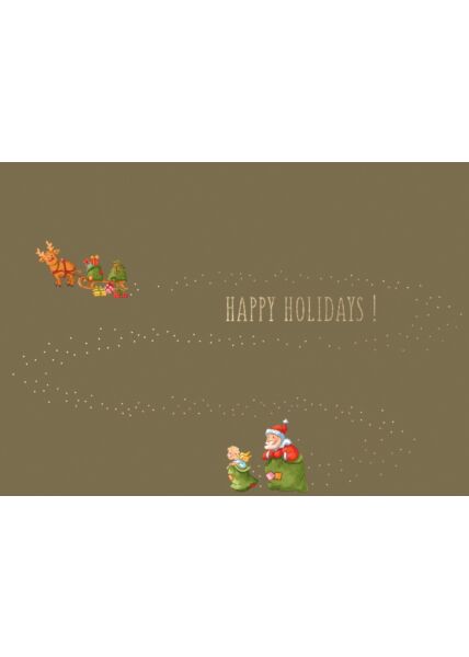 Weihnachtspostkarte Goldfolie Sackhüpfen Happy Holidays