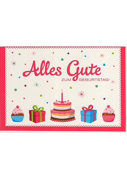 Geburtstagskarte Torte, Geschenke, Cupcake