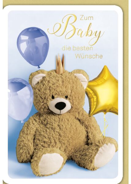Glückwunschkarte Geburt Baby Junge - Teddy mit Krone, blauer Ballon