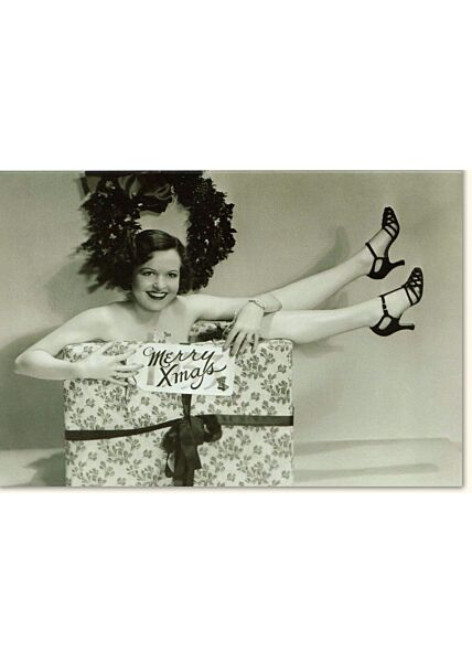 Weihnachtsgrußkarte Merry Xmas retro schwarz weiß Frau Geschenk