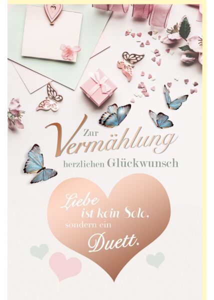 Hochzeitskarte Glückwunsch Schmetterlinge, Herz und Geschenk, mit roségoldener Metalicfolie