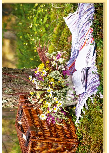 Blankokarte ohne Text Picknickkorb, Blumen, offenes Buch auf Decke