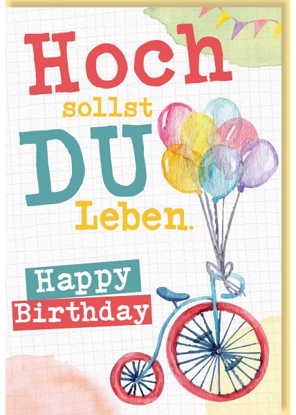 Geburtstagskarte: Farbenfrohe Ballons auf Fahrrad, Naturkarton, "Hoch sollst du leben - Happy Birthday"