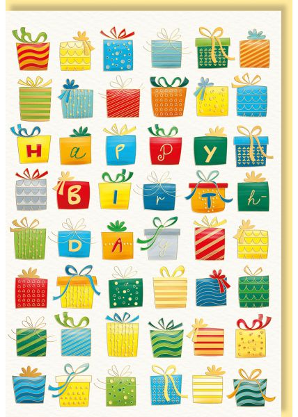 Geburtstagskarte mit bunten Geschenkmotiven auf Naturkarton und edler Folien- & Blindprägung