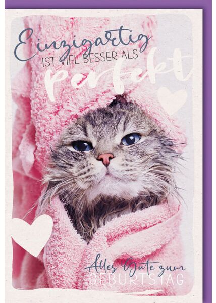Geburtstagskarte für Partner Katze in Handtuch