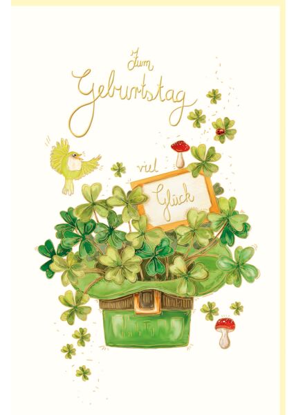 Glückwunschkarte Geburtstag Vogel, Kleeblatt, Hut, Naturkarton, mit Goldfolie und Blindprägung