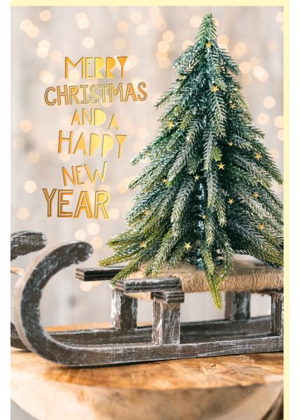 Weihnachtskarte Schlitten mit kleinem Weihnachtsbaum Goldfolie