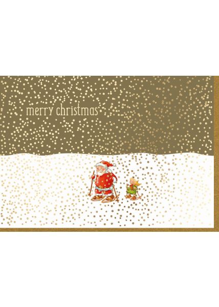 Weihnachtskarte Goldfolie Schneeschuhe W-mann u. Engel Merry Christmas