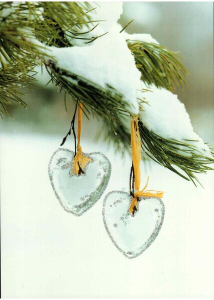 Weihnachtspostkarte zwei Herzen hängen im Tannenbaum