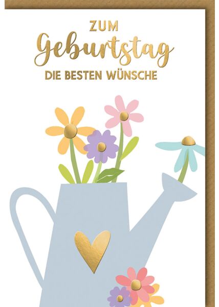 Geburtstagskarte mit Blumen in Gießkanne, Goldherz