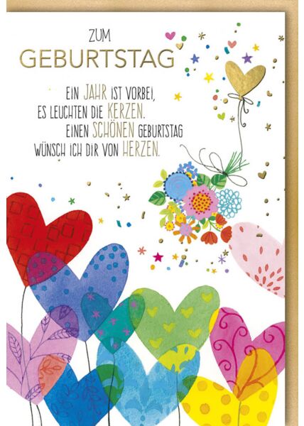 Glückwunschkarte Geburtstag Spruch mit bunten Blumenherzen