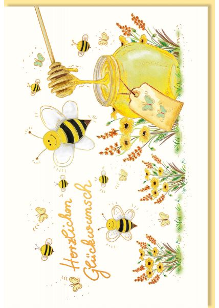 Glückwunschkarte allgemein Blumen, Honigglass, Bienen, Naturkarton, mit Goldfolie