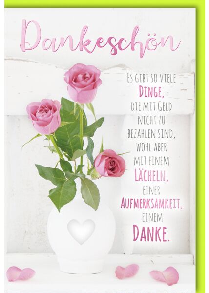 Danksagungskarte Rosen in Vase mit Herz