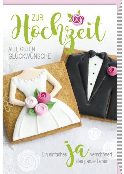 Glückwunschkarte Hochzeit 2 Kekse mit Brautkleid und Anzug