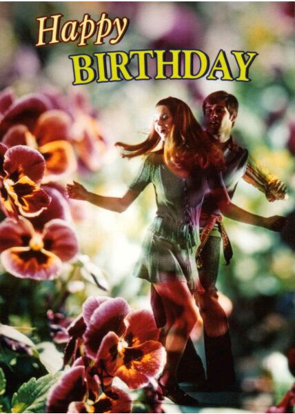 Geburtstagspostkarte Mann und Frau tanzen: Happy Birthday